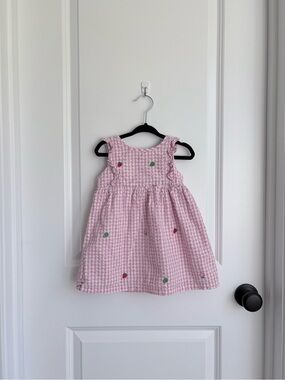 🍒Baby Boden Pink Gingham Seersucker Fruit Embroidered Dress & Bloomers Set